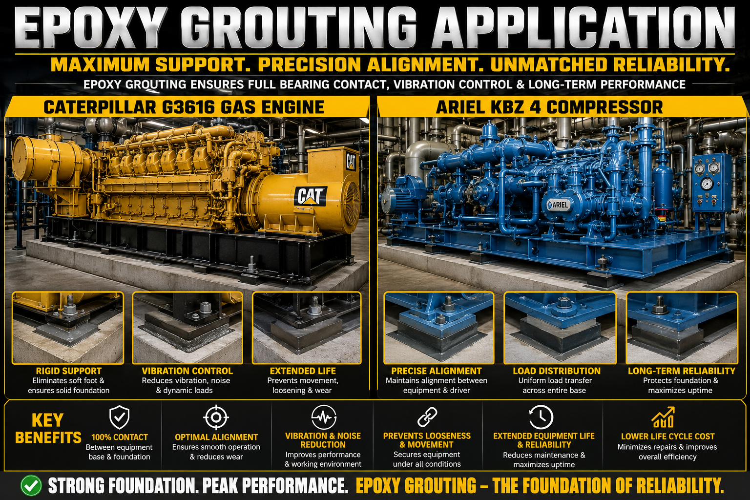 CAT G3616 gas engine and Ariel KBZ4 compressor epoxy grouting