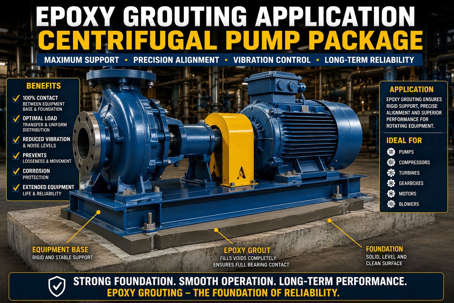 Epoxy grouting application on centrifugal pump package